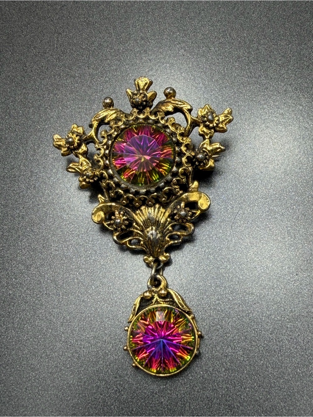 Vintage Watermelon Rivoli Revival style brooch #cz531